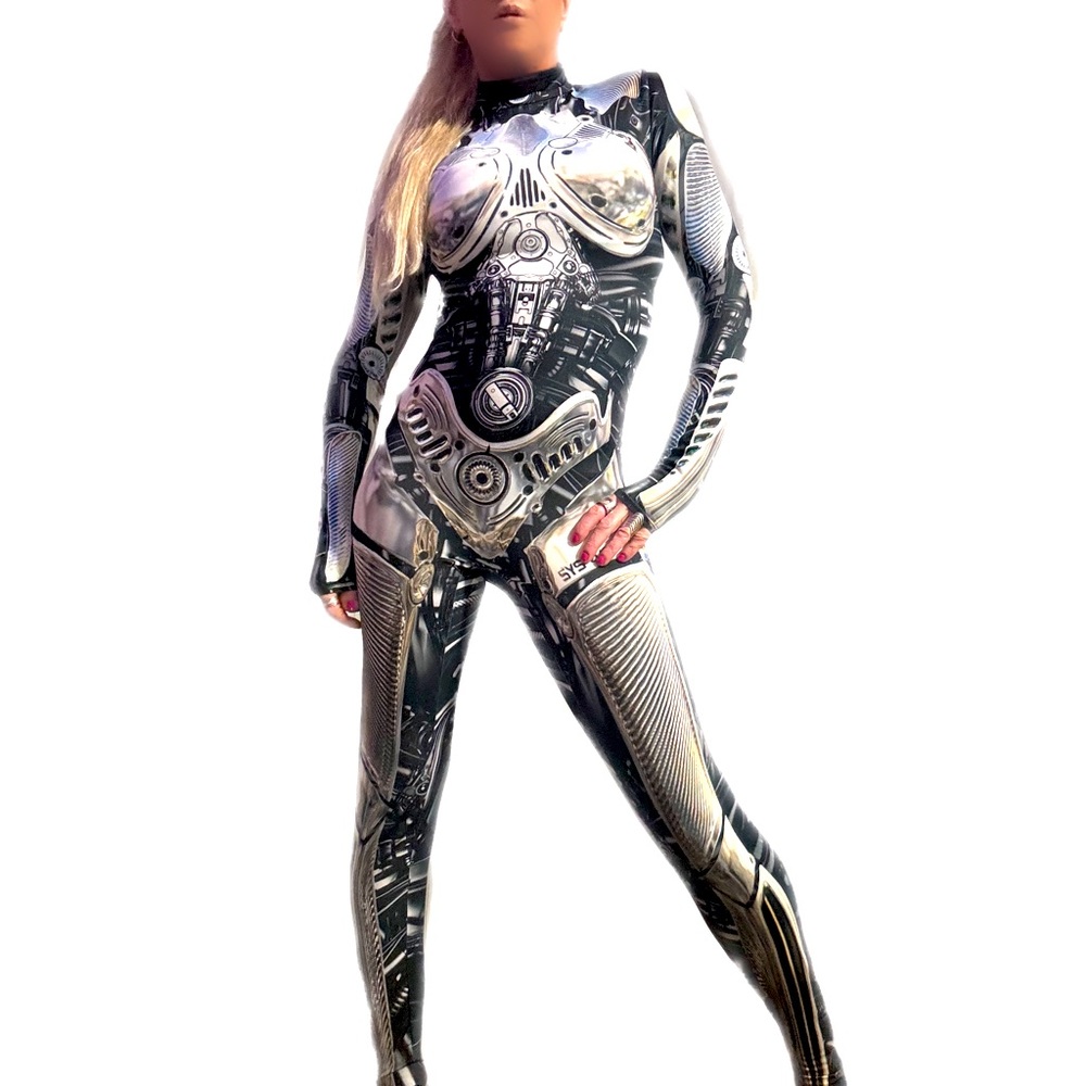Cyborg bodysuit in mint condition. Chrome, silver and black, very detailed. S